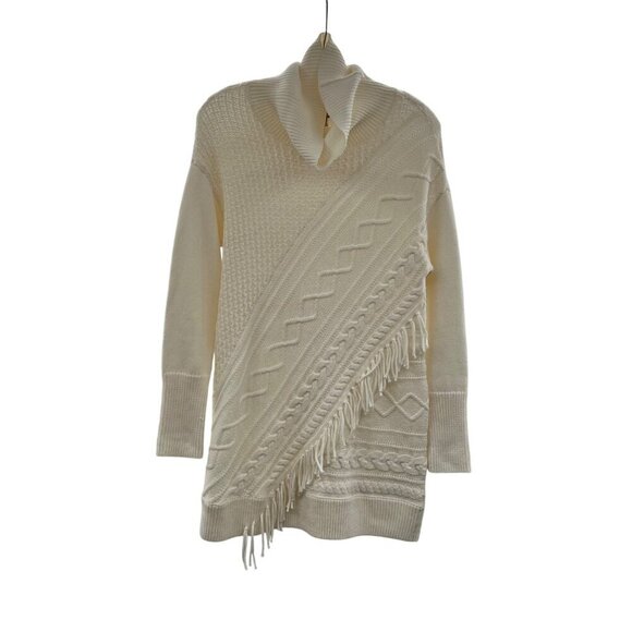 Chico's Women's Cable Knit Turtleneck Sweater Cream Size Small Fringe - Picture 1 of 8